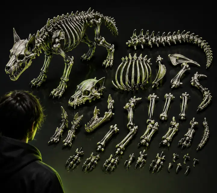 Skeleton wolf split into printable parts