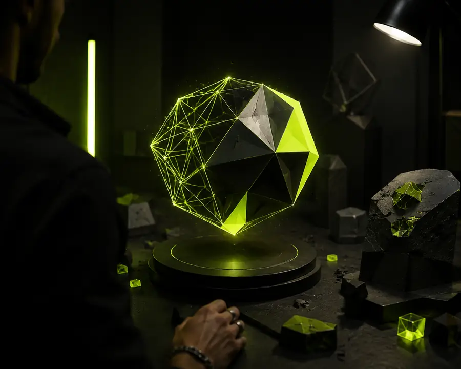 Abstract 3D model workflow showing a generated object